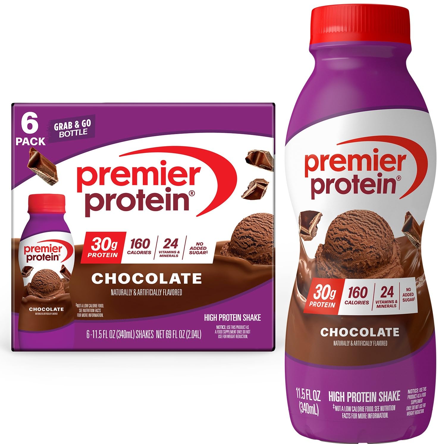 Premier Protein 30g High Protein Shake, Chocolate, 12 Pack Bottles, Vegetarian