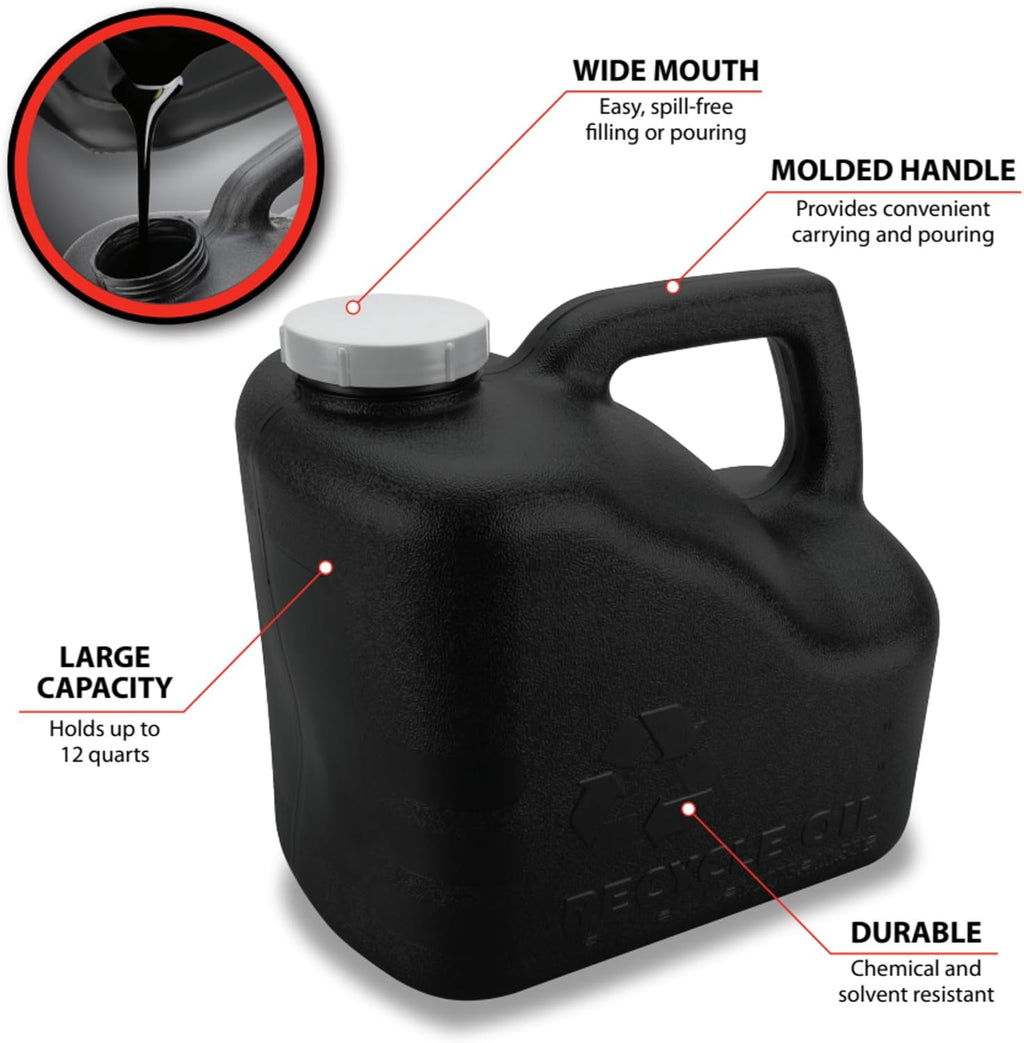 Performance Tool W4067 12-Quart Used Oil Transport Jug, Black | Automotive waste oil container for easy recycling. Chemical resistant with integrated handle and wide mouth