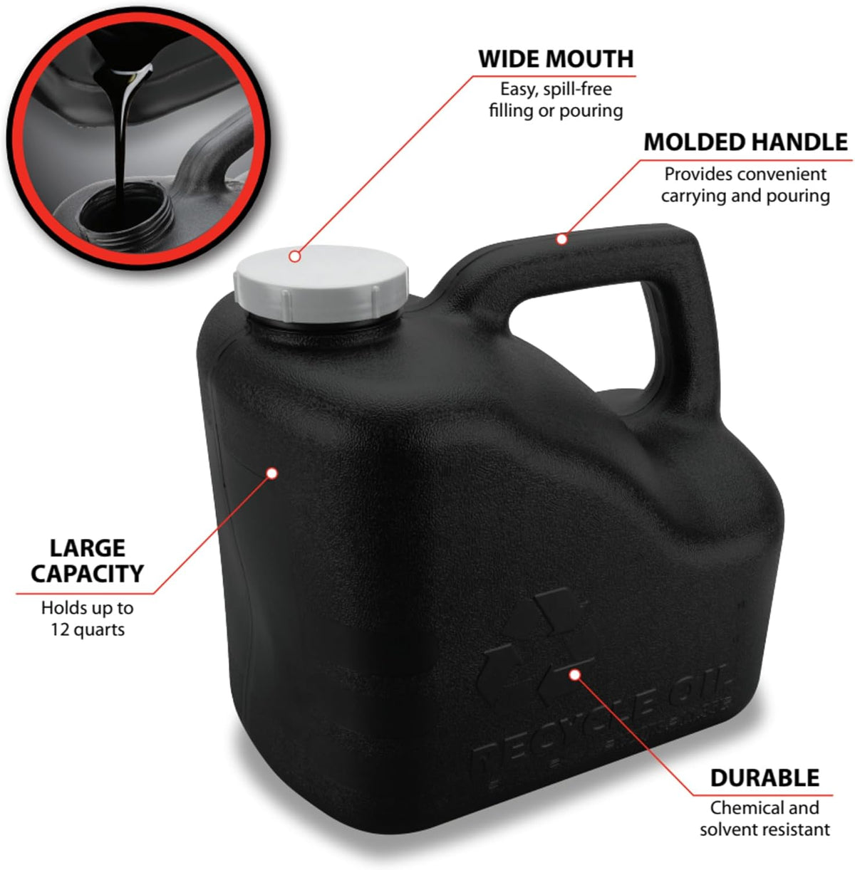 Performance Tool W4067 12-Quart Used Oil Transport Jug, Black | Automotive waste oil container for easy recycling. Chemical resistant with integrated handle and wide mouth