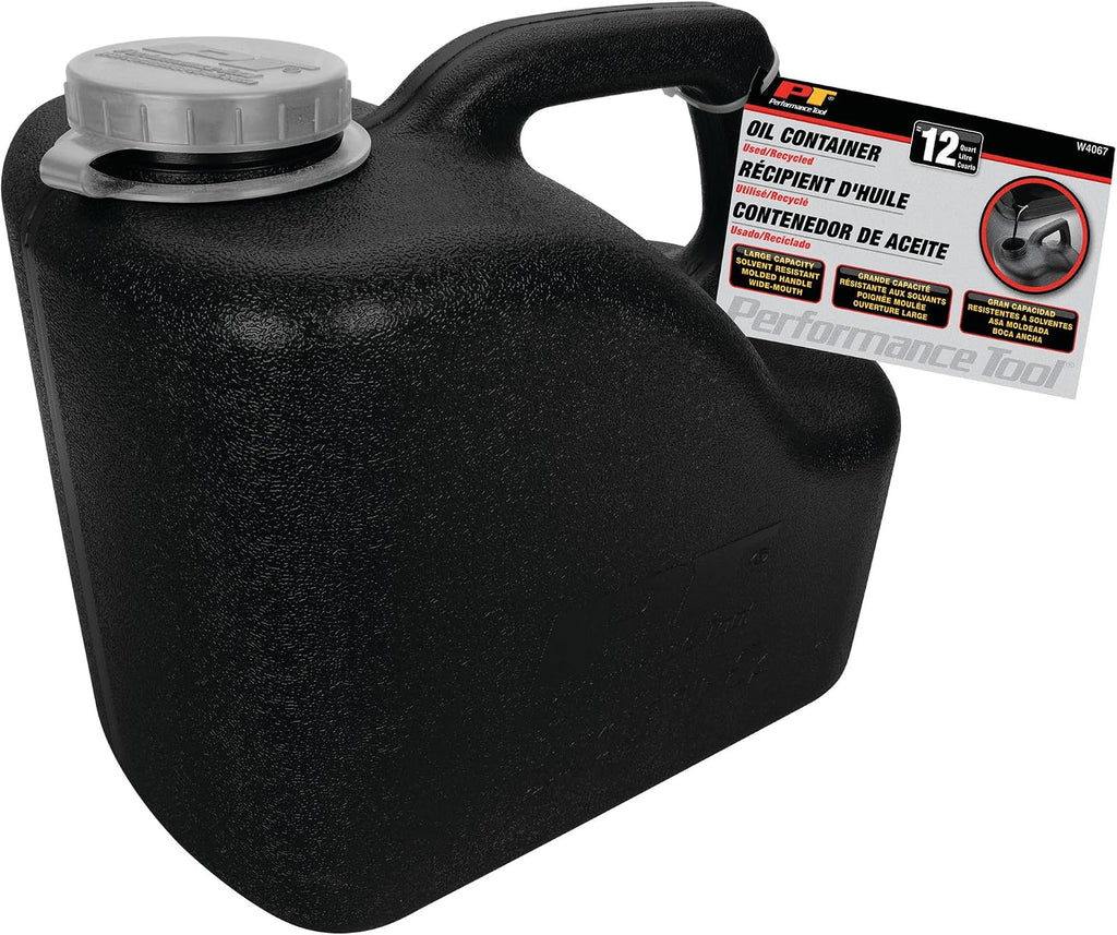 Performance Tool W4067 12-Quart Used Oil Transport Jug, Black | Automotive waste oil container for easy recycling. Chemical resistant with integrated handle and wide mouth
