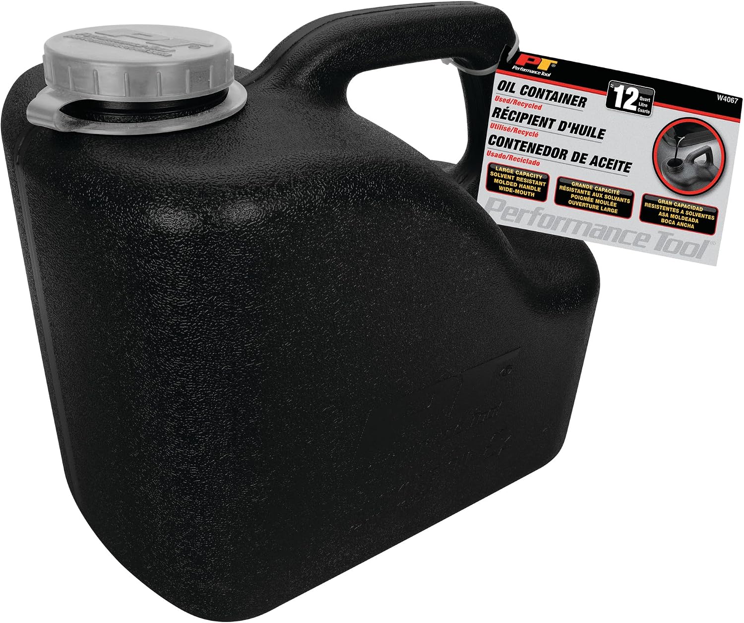 Performance Tool W4067 12-Quart Used Oil Transport Jug, Black | Automotive waste oil container for easy recycling. Chemical resistant with integrated handle and wide mouth