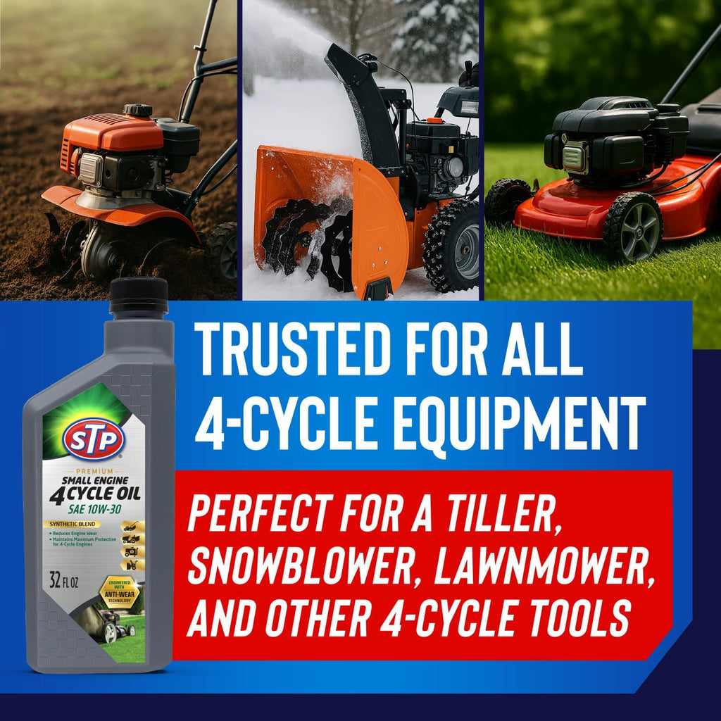 STP Premium Synthetic Blend 4 Cycle Small Engine Oil, SAE 10w30 Motor Oil for Lawnmowers, Generators, Tractors, Snow Blowers, and More, 32 fl oz